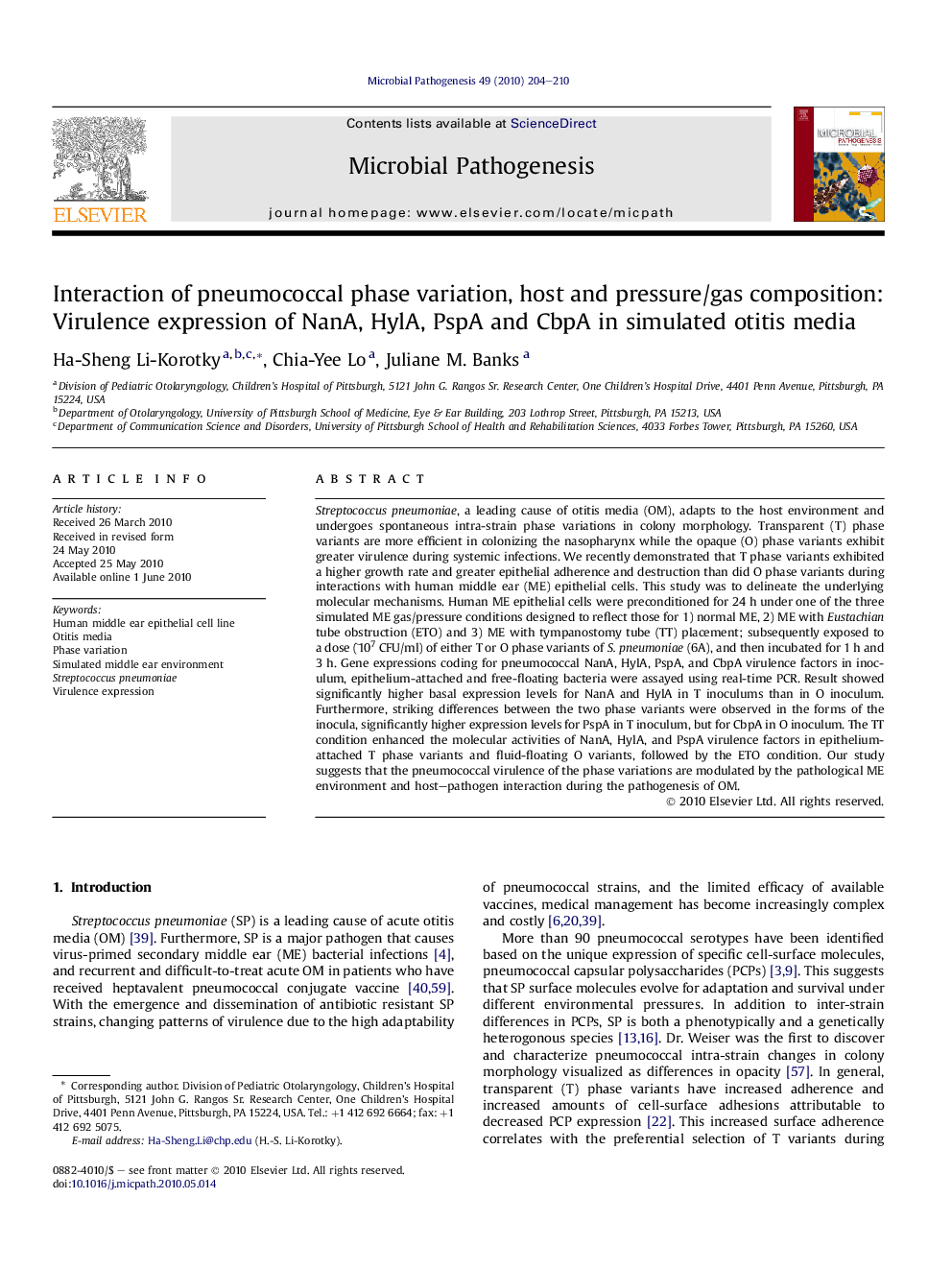 Interaction of pneumococcal phase variation, host and pressure/gas composition: Virulence expression of NanA, HylA, PspA and CbpA in simulated otitis media