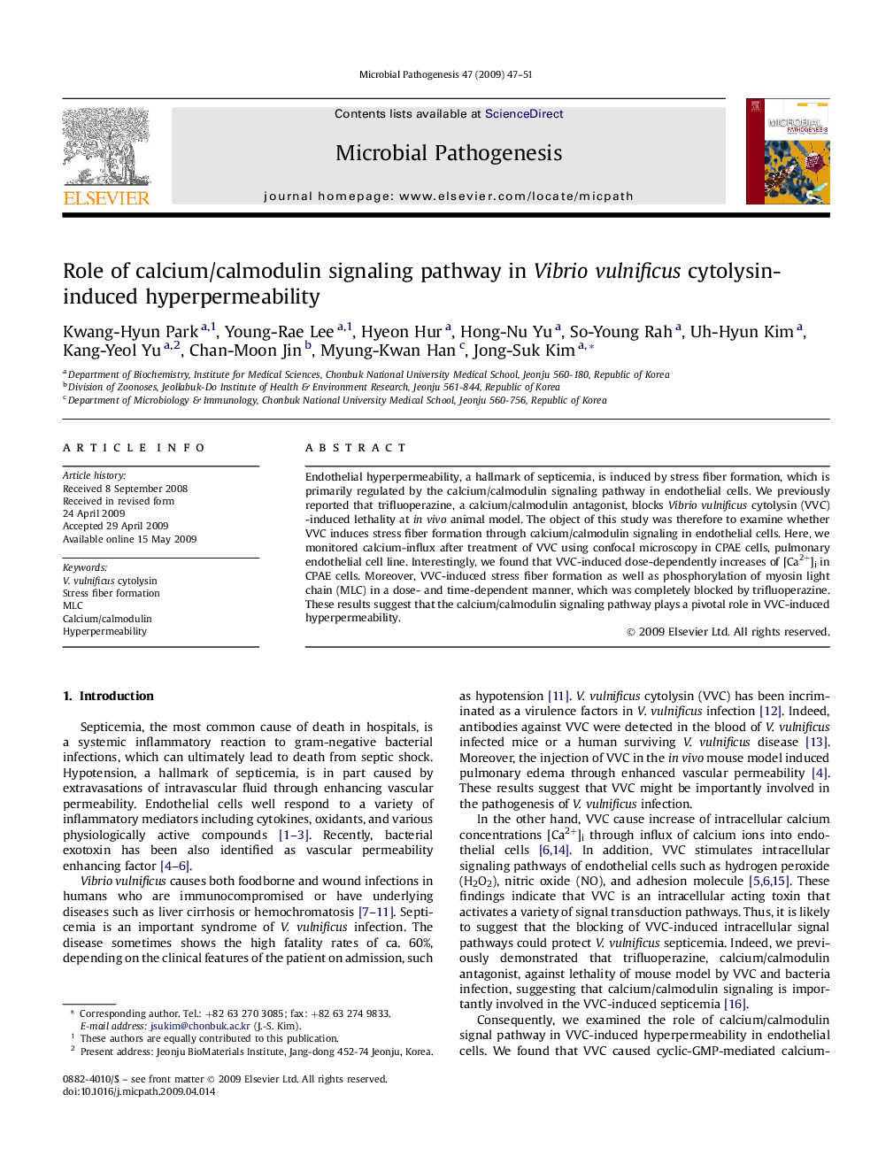 Role of calcium/calmodulin signaling pathway in Vibrio vulnificus cytolysin-induced hyperpermeability