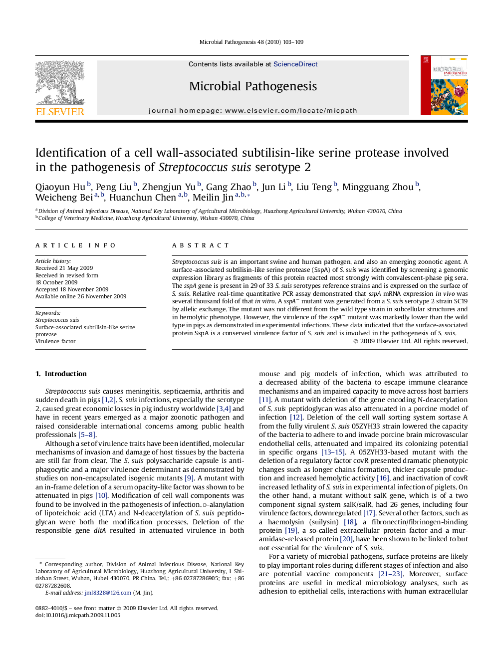 Identification of a cell wall-associated subtilisin-like serine protease involved in the pathogenesis of Streptococcus suis serotype 2