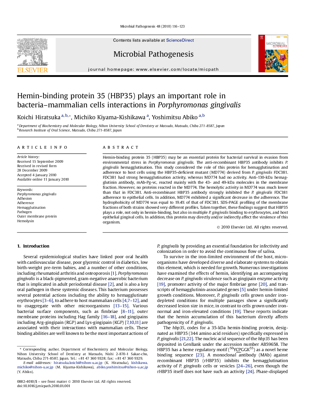 Hemin-binding protein 35 (HBP35) plays an important role in bacteria–mammalian cells interactions in Porphyromonas gingivalis