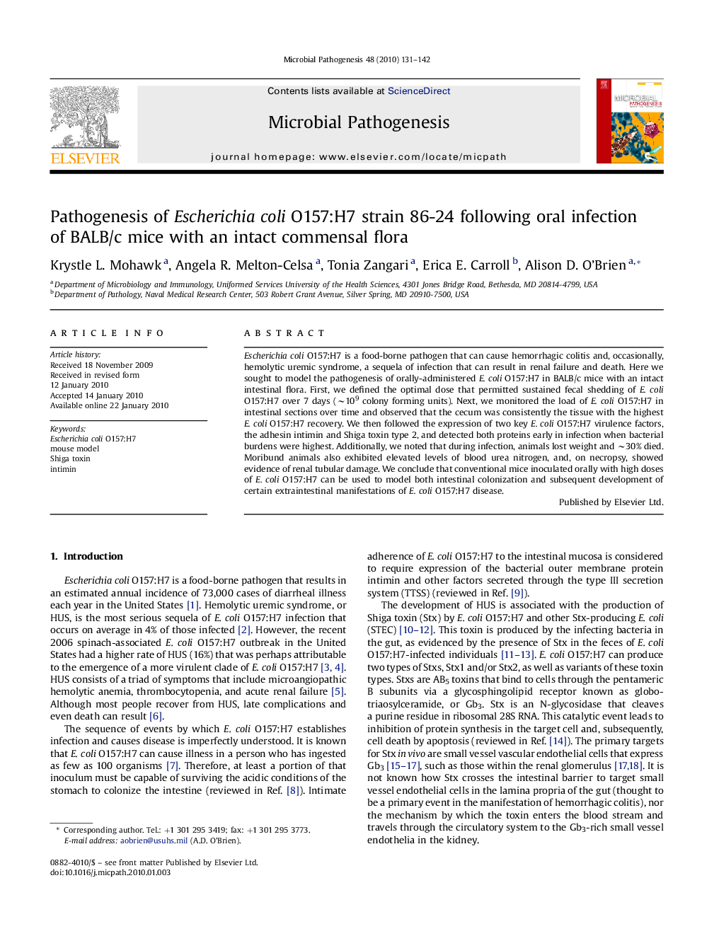 Pathogenesis of Escherichia coli O157:H7 strain 86-24 following oral infection of BALB/c mice with an intact commensal flora