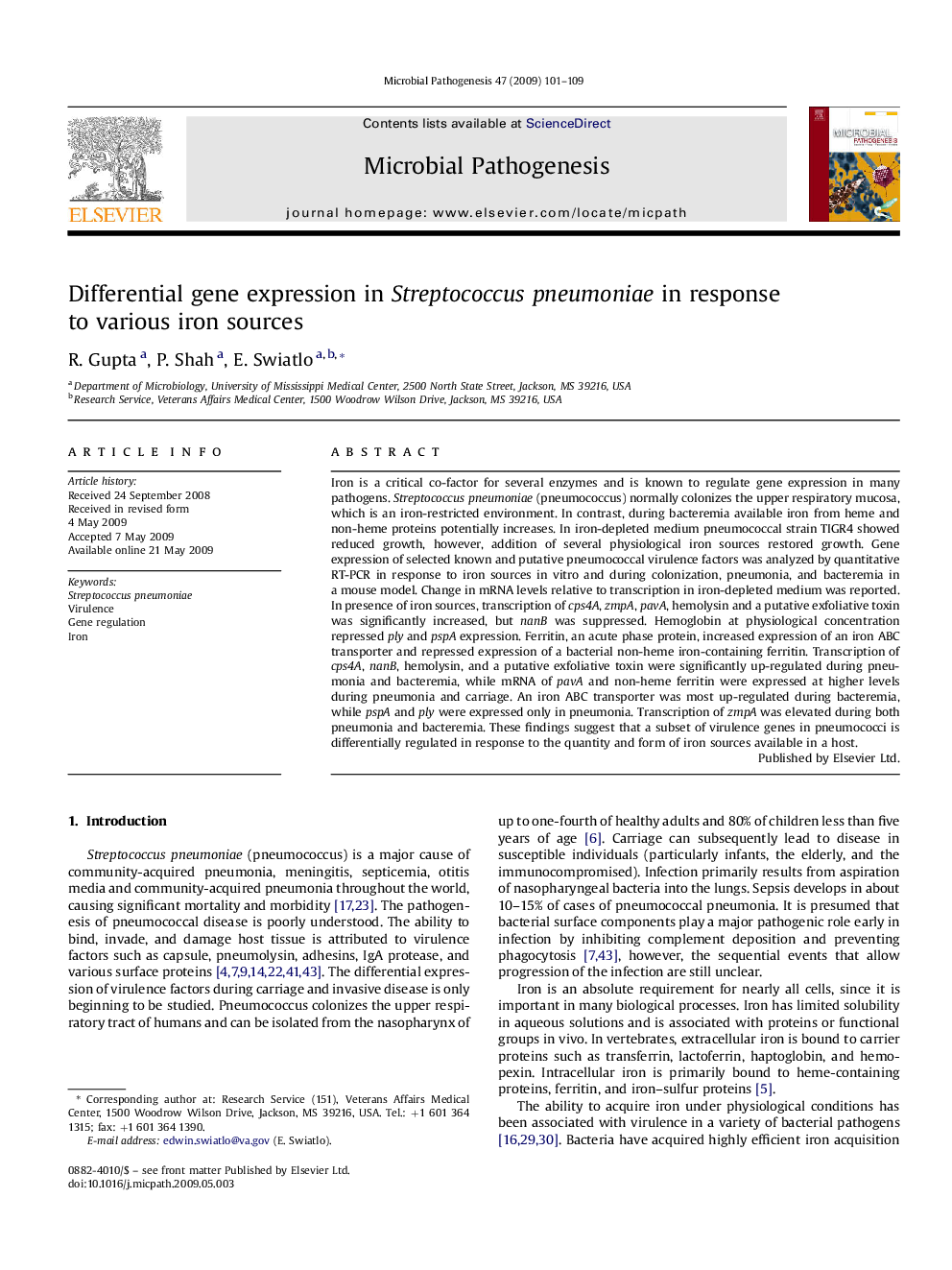 عکس صفحه اول مقاله: Differential gene expression in Streptococcus pneumoniae in response to various iron sources Differential gene expression in Streptococcus pneumoniae in response to various iron sources