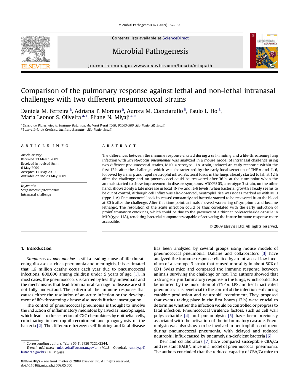 Comparison of the pulmonary response against lethal and non-lethal intranasal challenges with two different pneumococcal strains