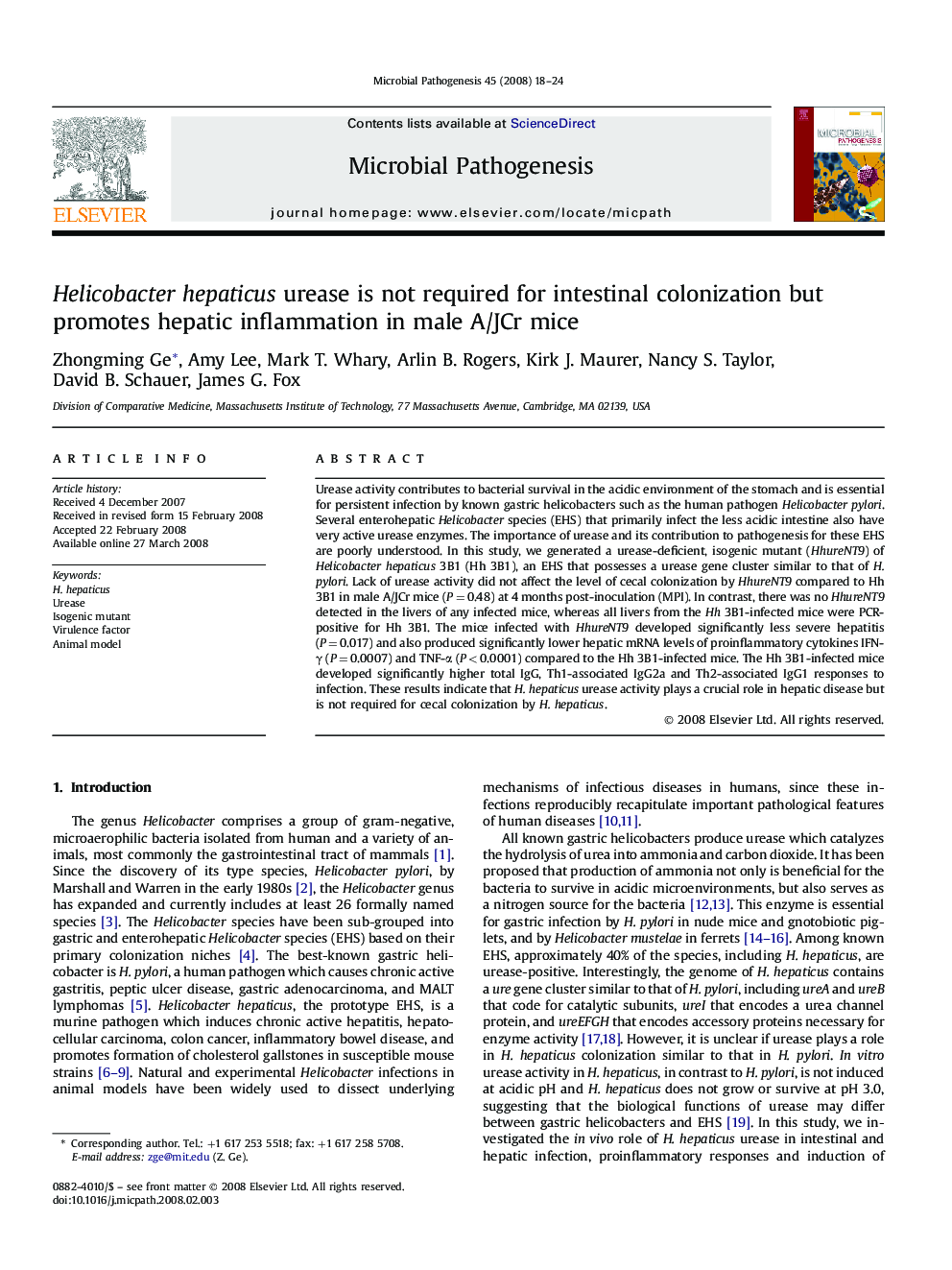 Helicobacter hepaticus urease is not required for intestinal colonization but promotes hepatic inflammation in male A/JCr mice