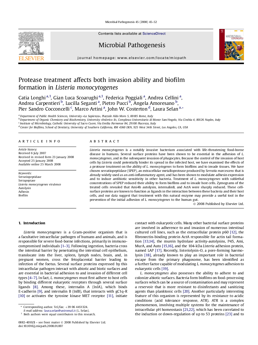 عکس صفحه اول مقاله: Protease treatment affects both invasion ability and biofilm formation in Listeria monocytogenes Protease treatment affects both invasion ability and biofilm formation in Listeria monocytogenes