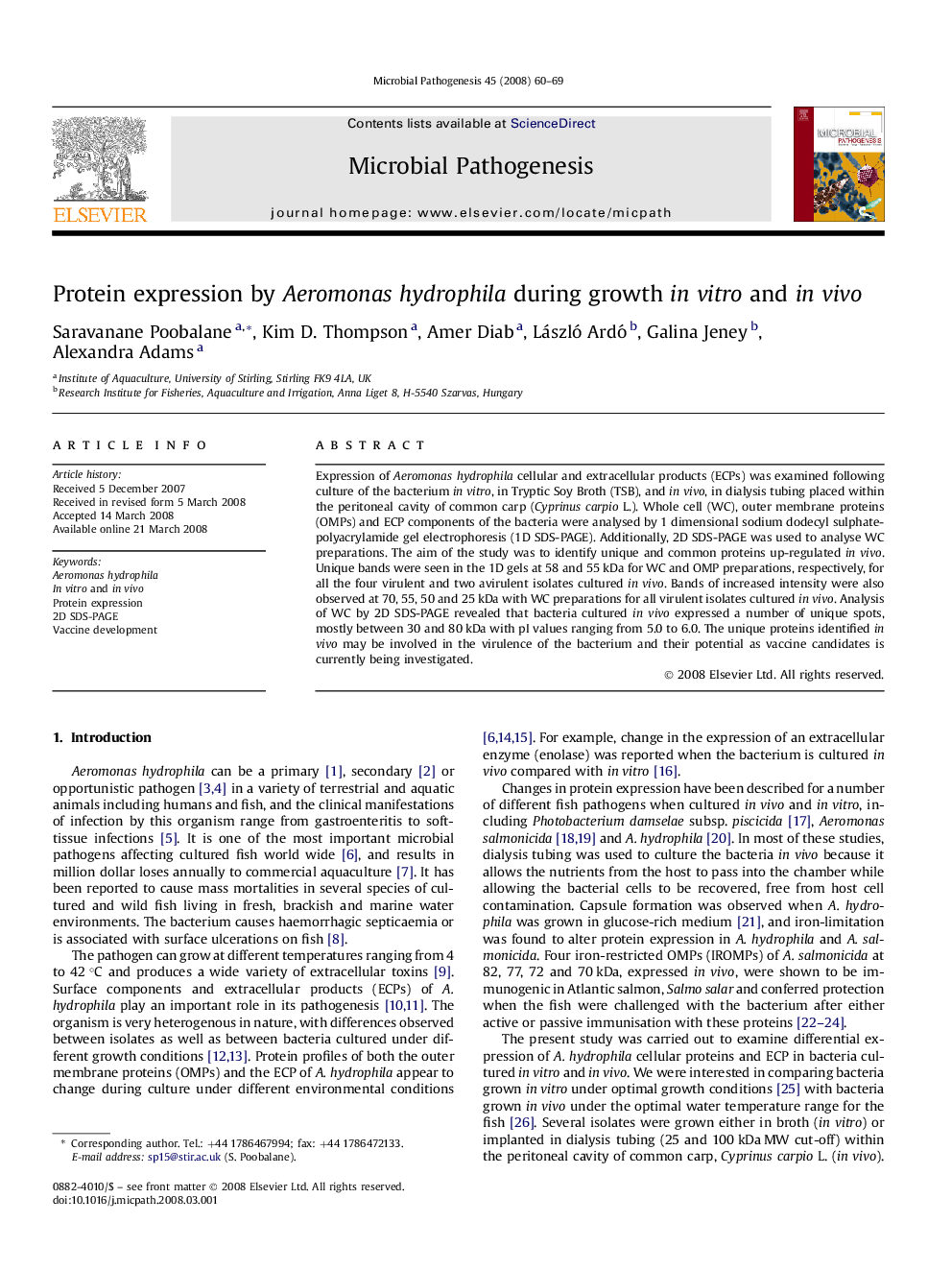 Protein expression by Aeromonas hydrophila during growth in vitro and in vivo