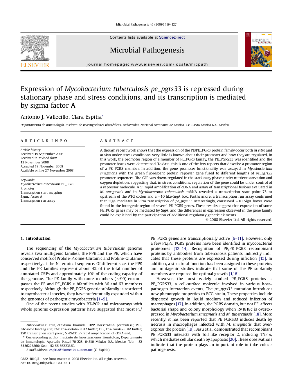 Expression of Mycobacterium tuberculosis pe_pgrs33 is repressed during stationary phase and stress conditions, and its transcription is mediated by sigma factor A