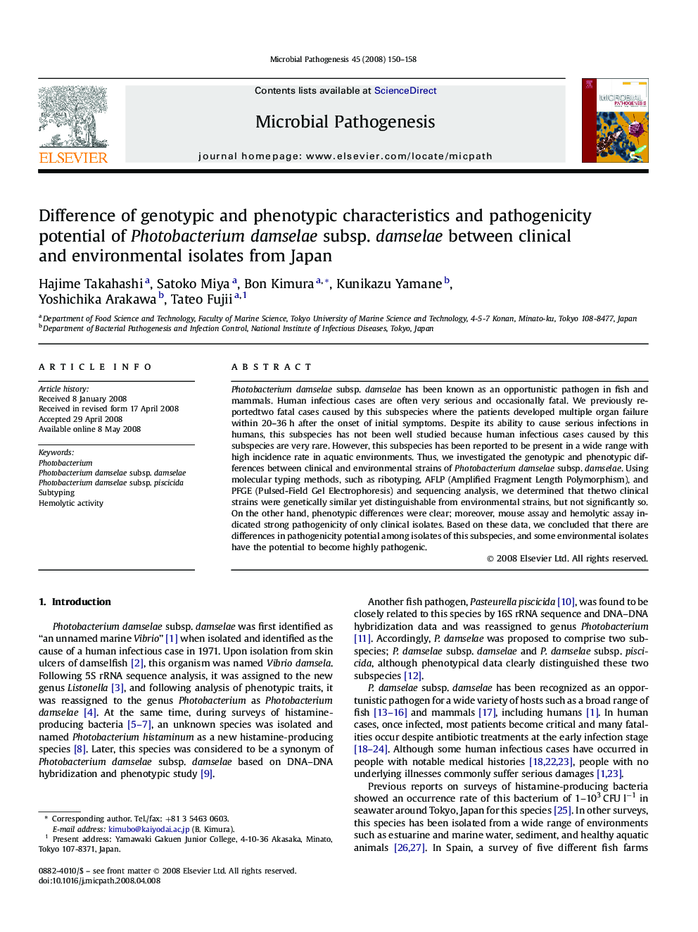 Difference of genotypic and phenotypic characteristics and pathogenicity potential of Photobacterium damselae subsp. damselae between clinical and environmental isolates from Japan