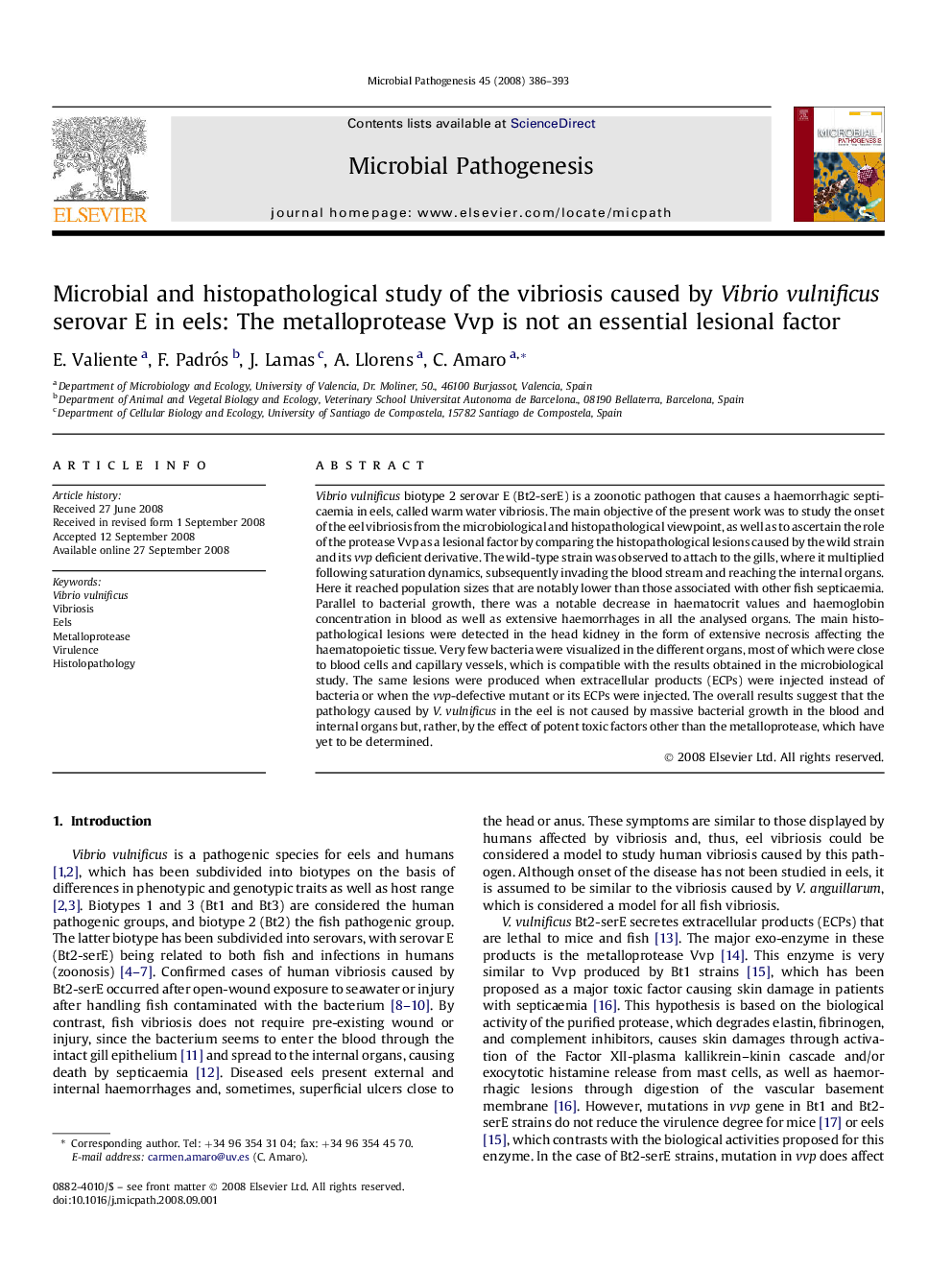 Microbial and histopathological study of the vibriosis caused by Vibrio vulnificus serovar E in eels: The metalloprotease Vvp is not an essential lesional factor