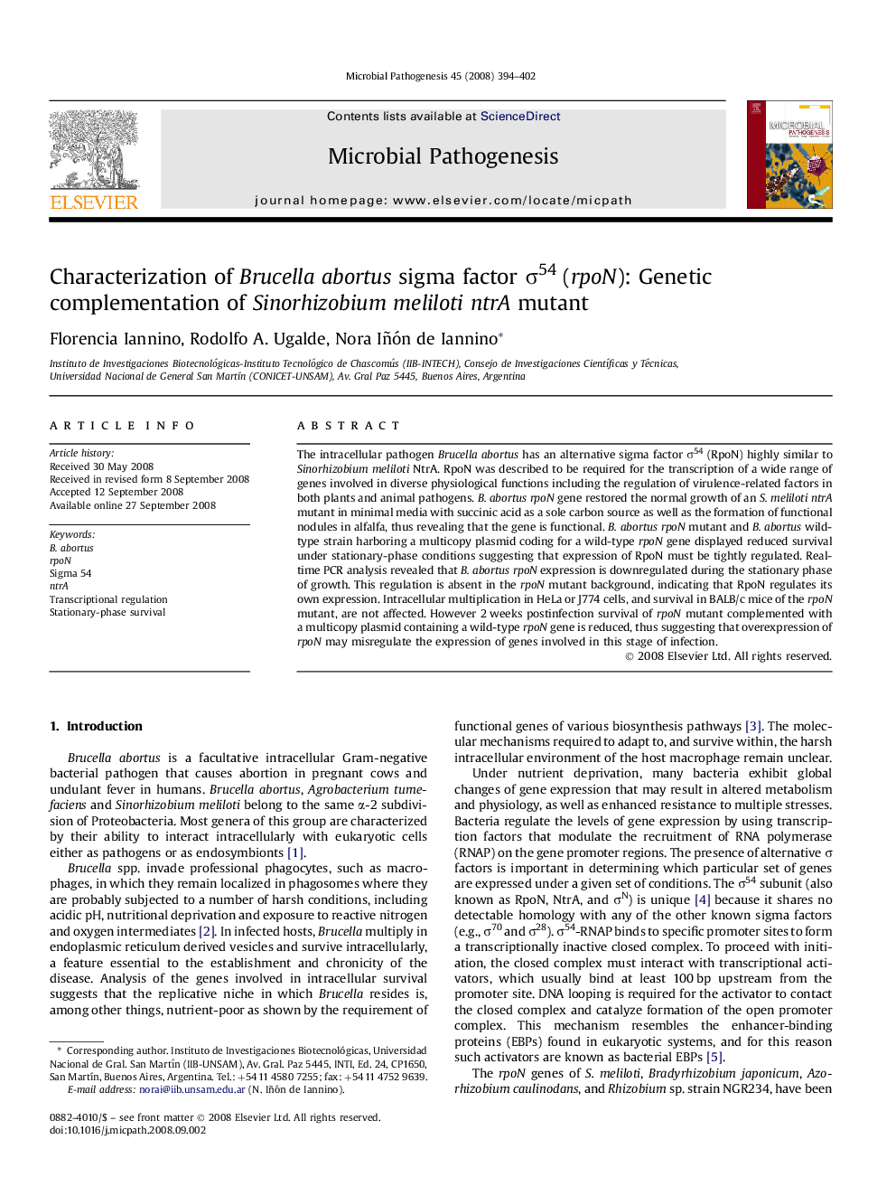 Characterization of Brucella abortus sigma factor σ54 (rpoN): Genetic complementation of Sinorhizobium meliloti ntrA mutant