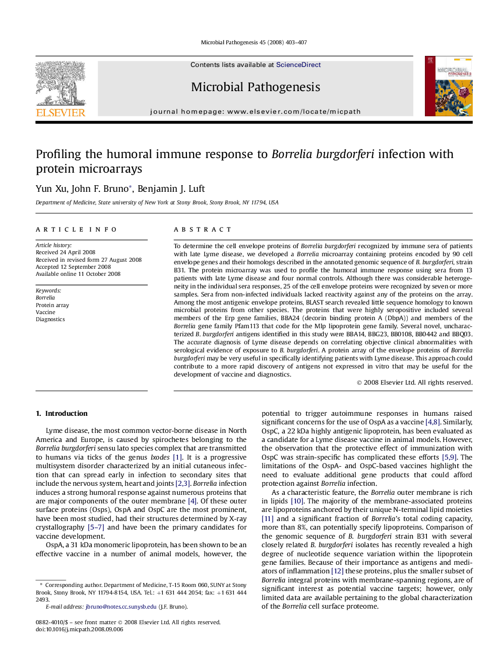 Profiling the humoral immune response to Borrelia burgdorferi infection with protein microarrays