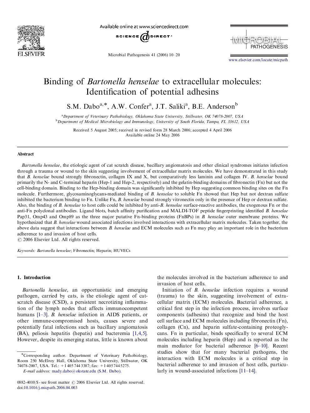 Binding of Bartonella henselae to extracellular molecules: Identification of potential adhesins