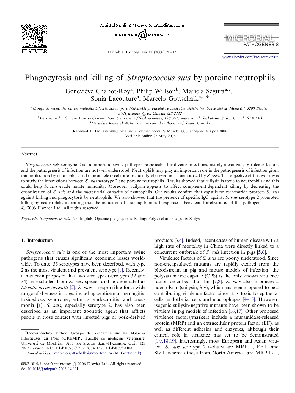 Phagocytosis and killing of Streptococcus suis by porcine neutrophils