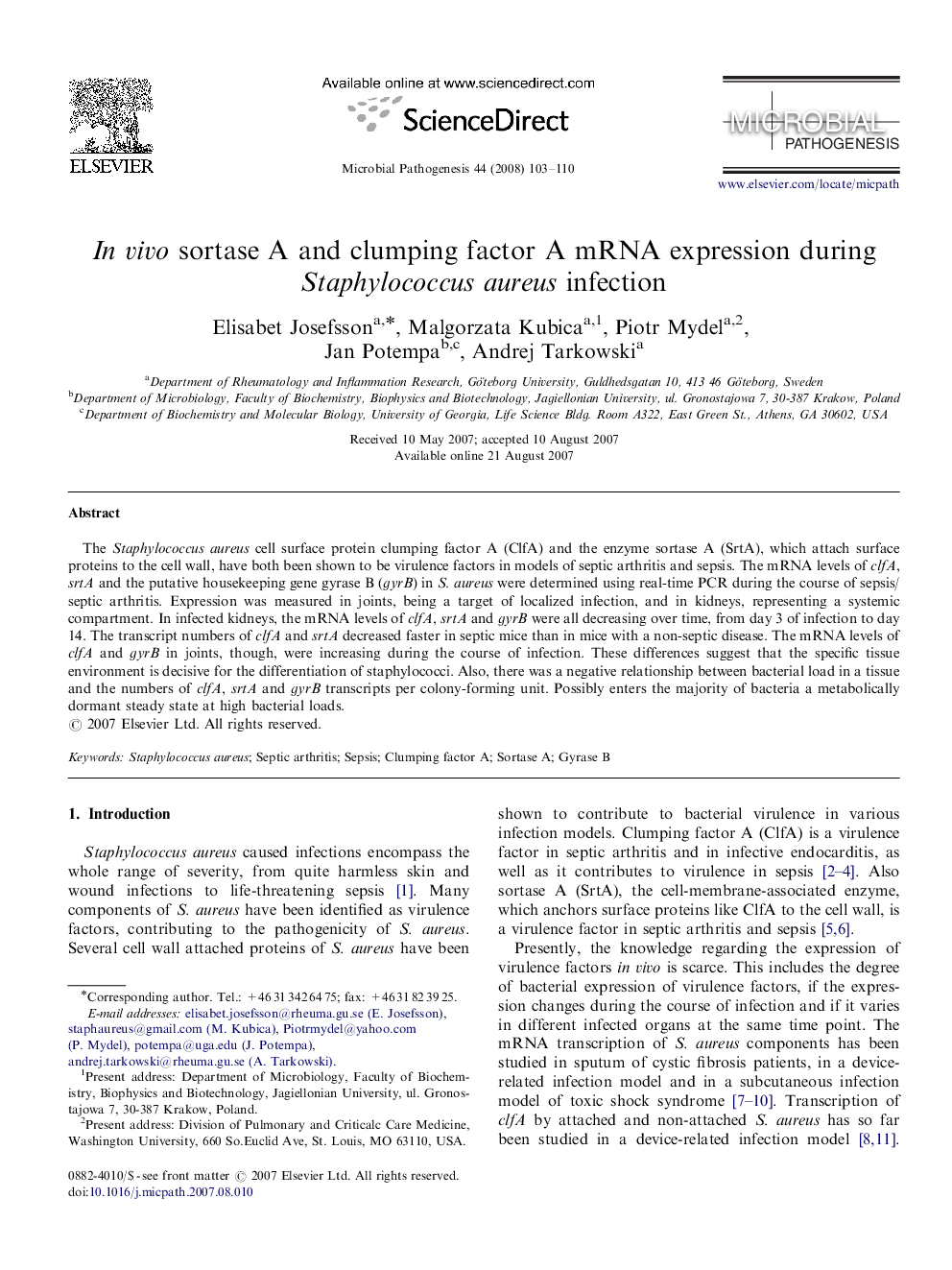 In vivo sortase A and clumping factor A mRNA expression during Staphylococcus aureus infection