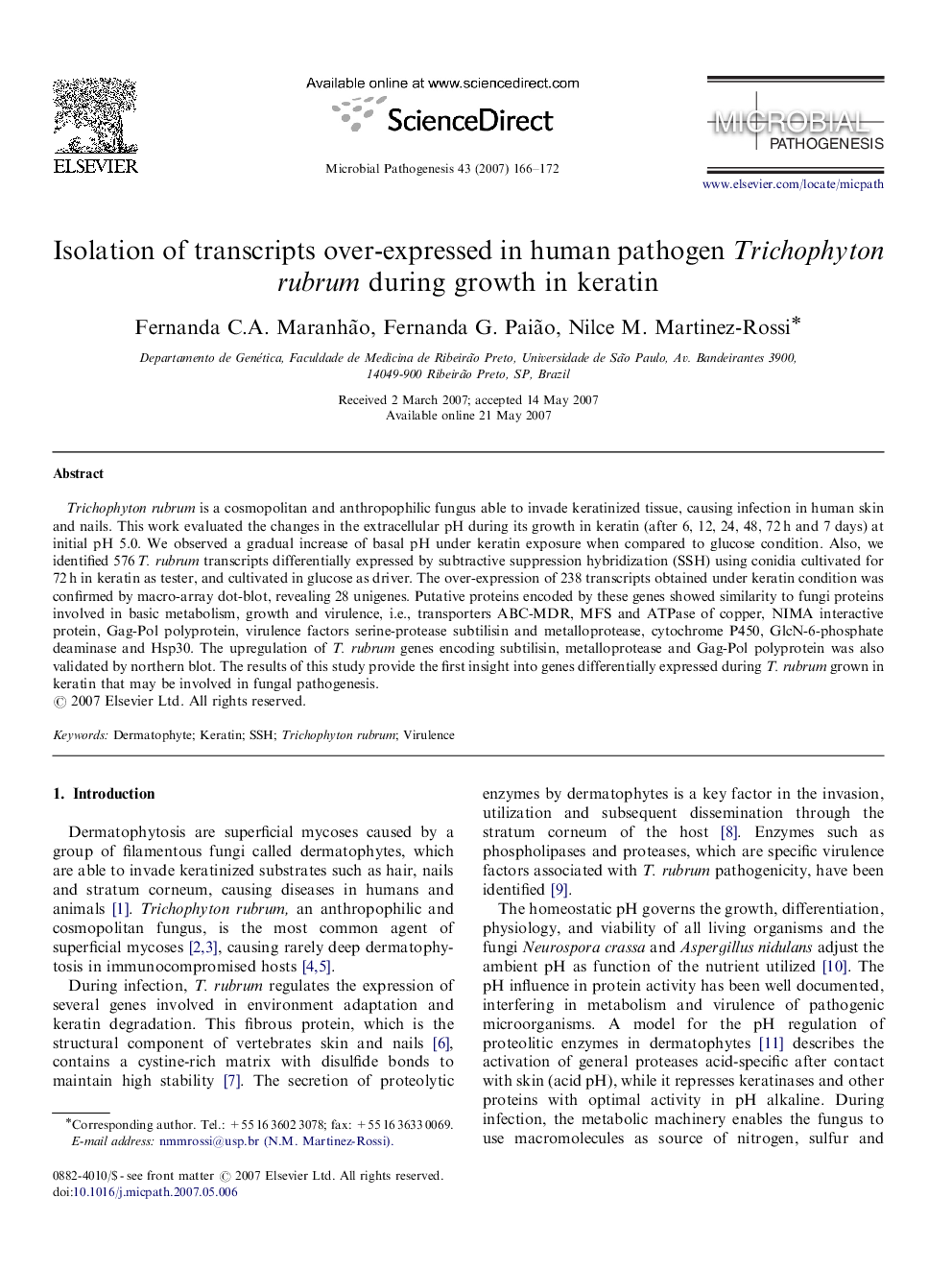 Isolation of transcripts over-expressed in human pathogen Trichophyton rubrum during growth in keratin