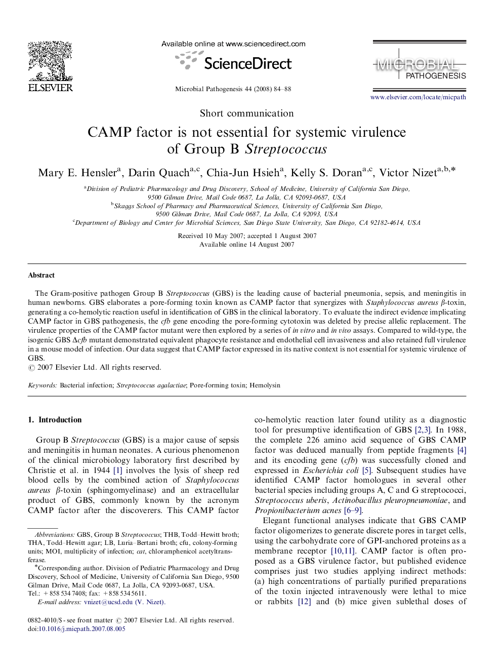 CAMP factor is not essential for systemic virulence of Group B Streptococcus