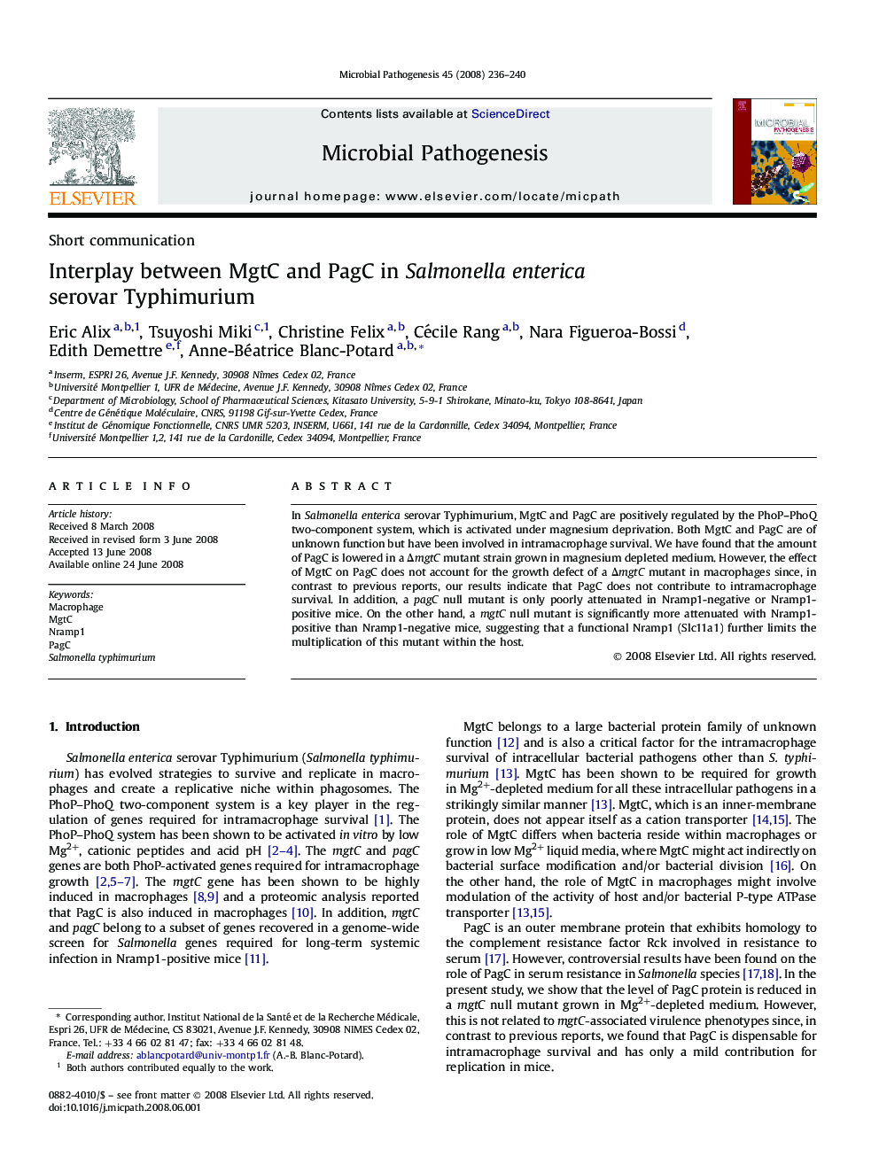 Interplay between MgtC and PagC in Salmonella enterica serovar Typhimurium