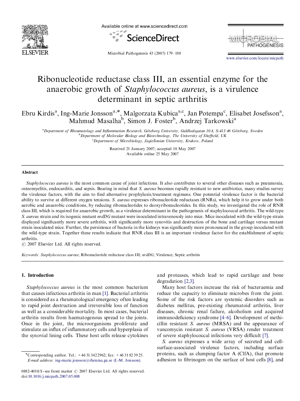 Ribonucleotide reductase class III, an essential enzyme for the anaerobic growth of Staphylococcus aureus, is a virulence determinant in septic arthritis