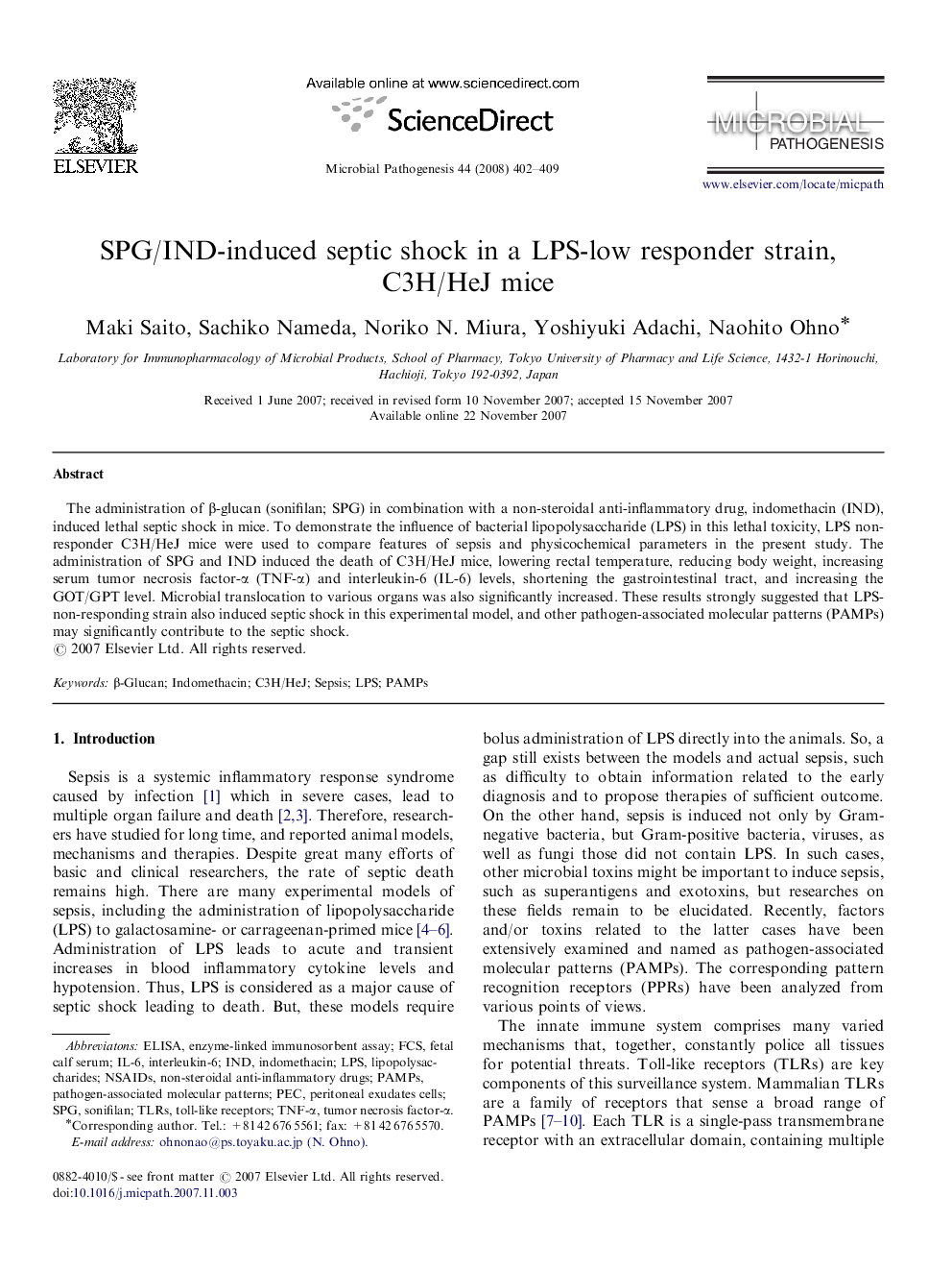 SPG/IND-induced septic shock in a LPS-low responder strain, C3H/HeJ mice