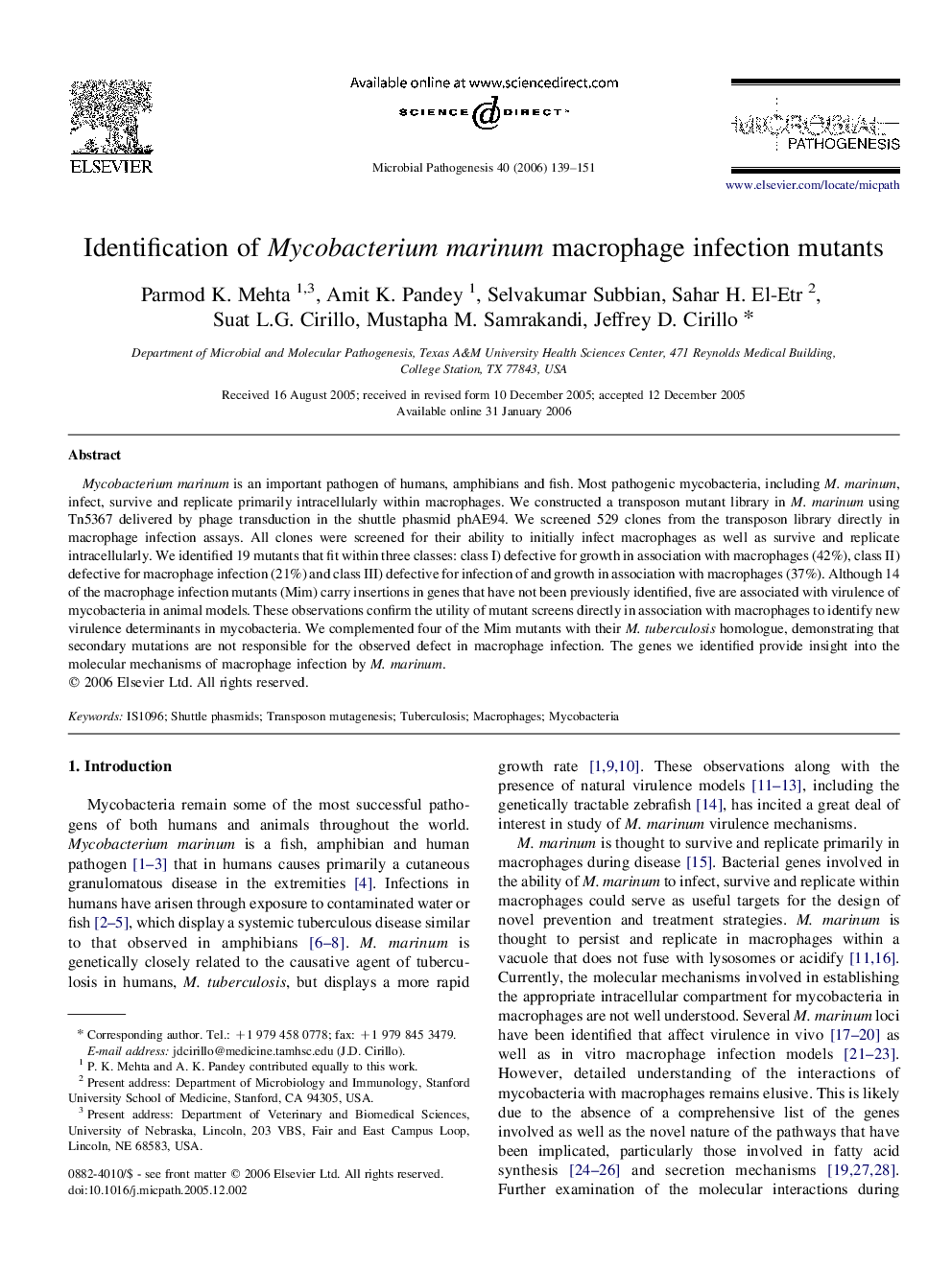 Identification of Mycobacterium marinum macrophage infection mutants