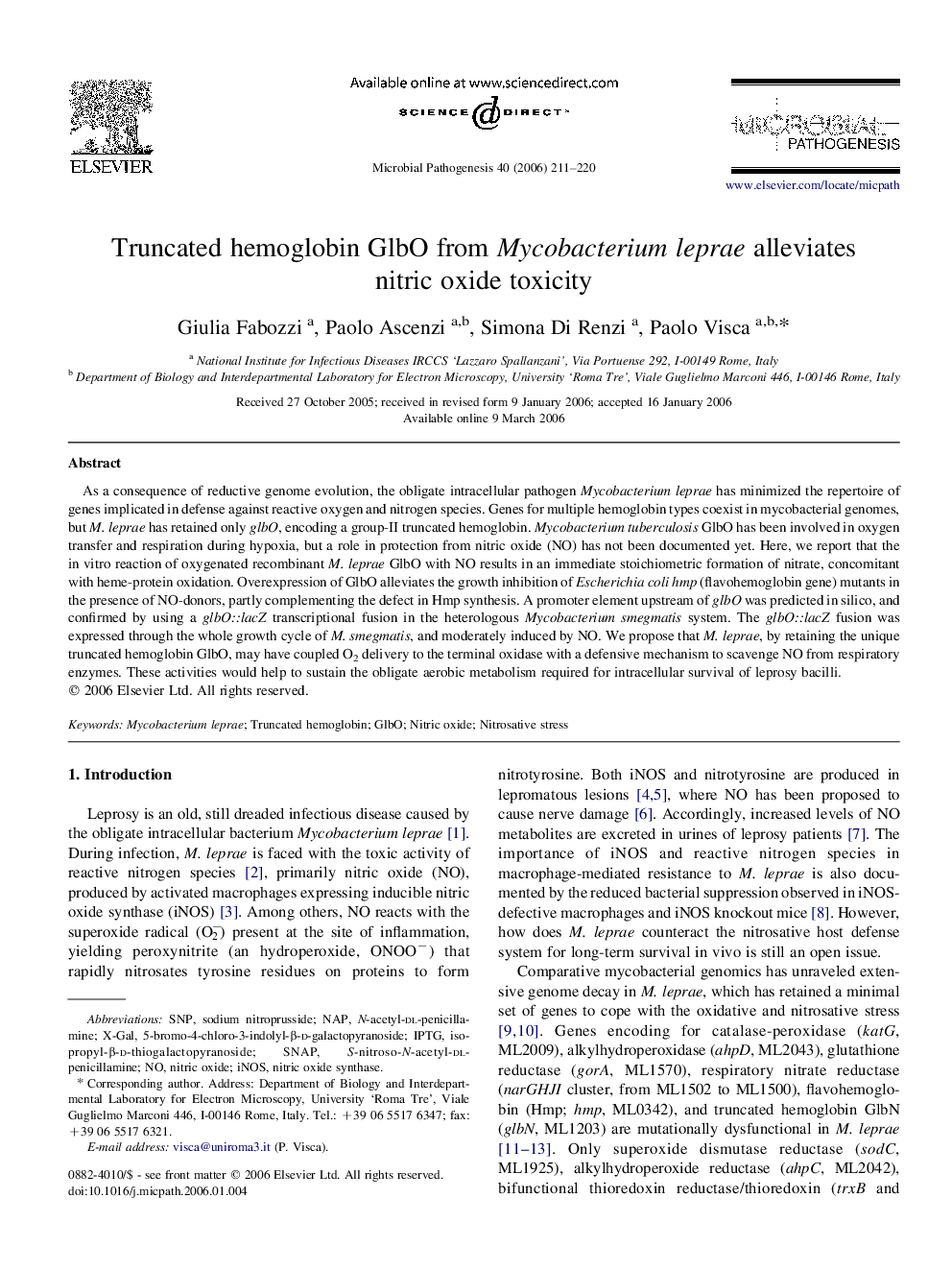 Truncated hemoglobin GlbO from Mycobacterium leprae alleviates nitric oxide toxicity