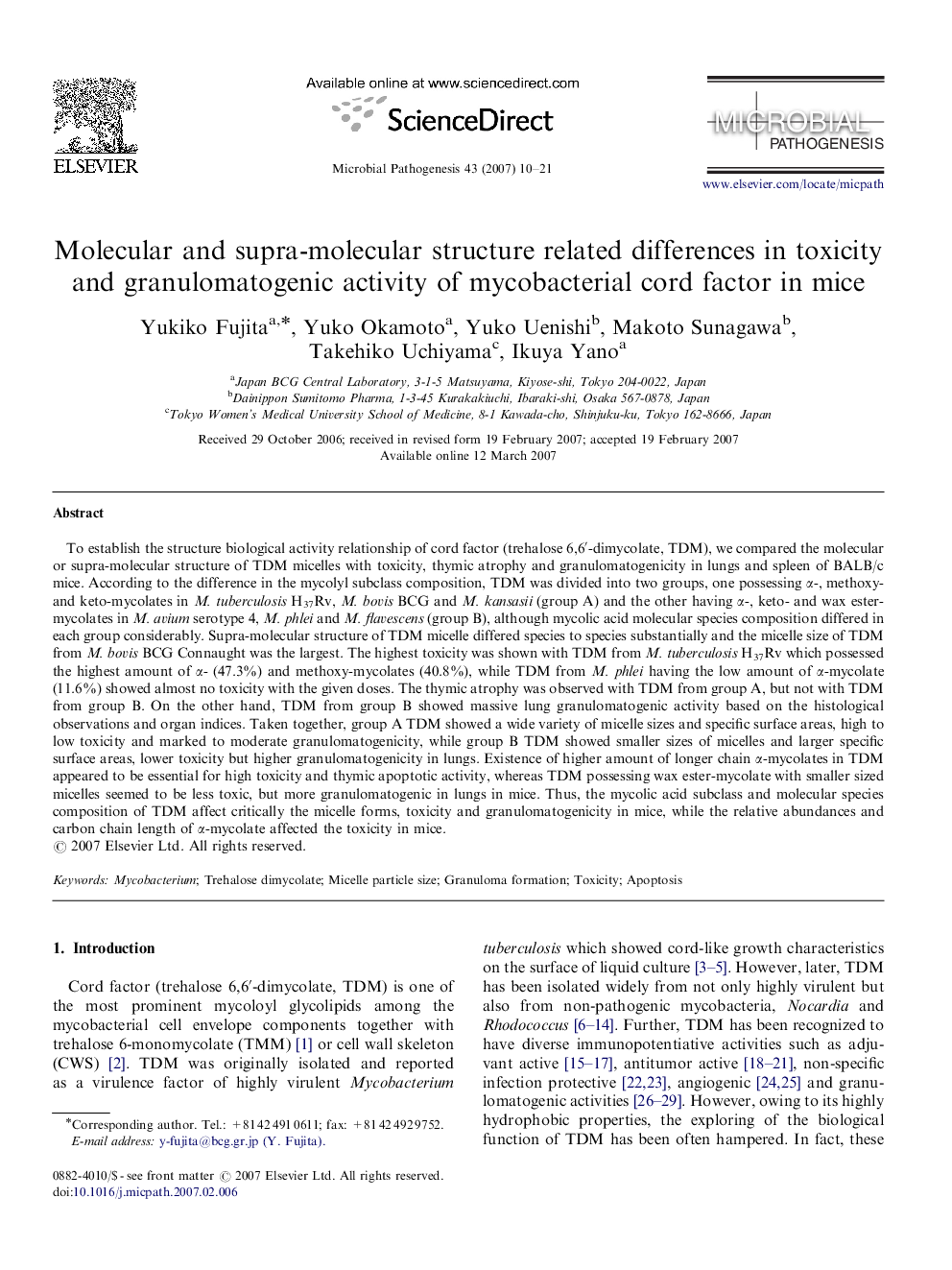 Molecular and supra-molecular structure related differences in toxicity and granulomatogenic activity of mycobacterial cord factor in mice