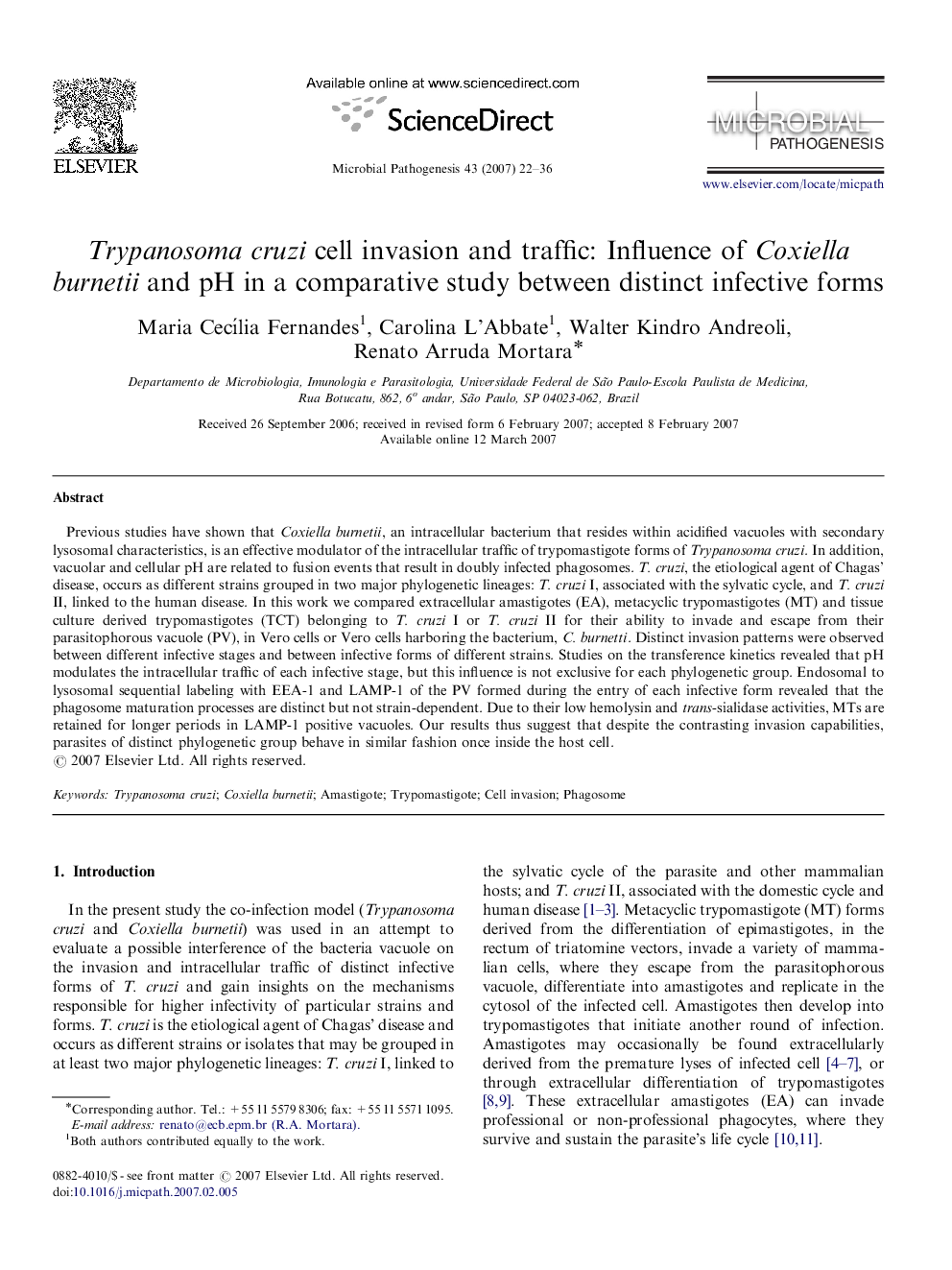 Trypanosoma cruzi cell invasion and traffic: Influence of Coxiella burnetii and pH in a comparative study between distinct infective forms