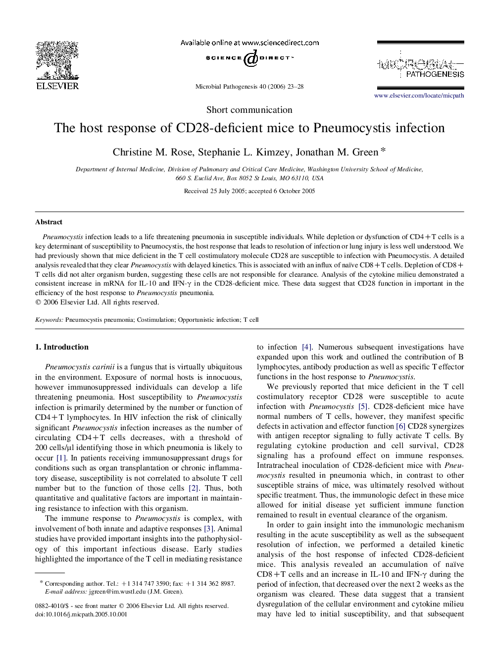 The host response of CD28-deficient mice to Pneumocystis infection