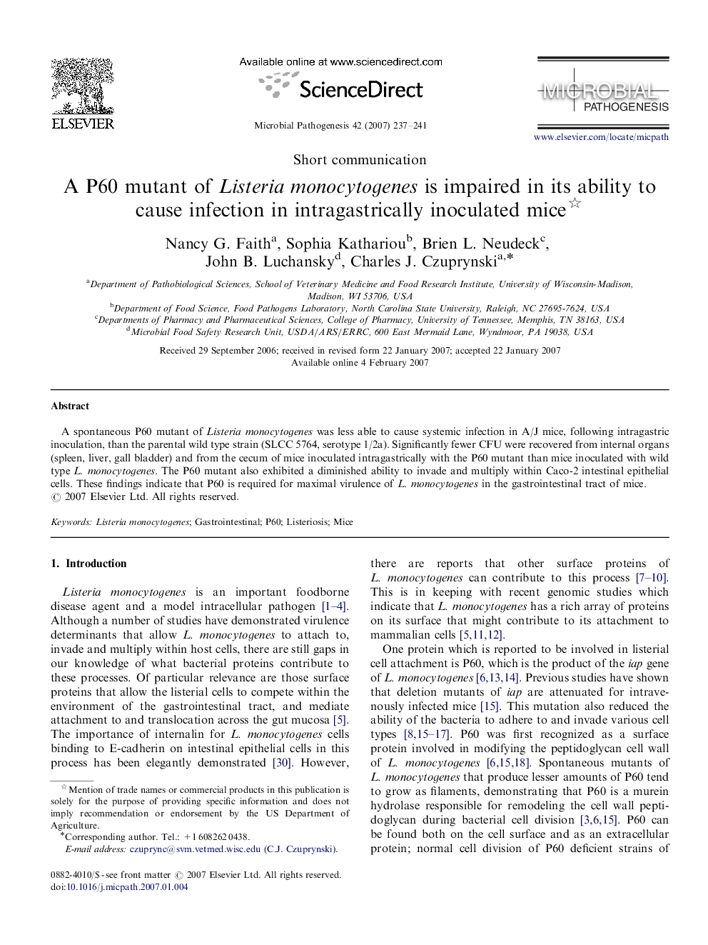 A P60 mutant of Listeria monocytogenes is impaired in its ability to cause infection in intragastrically inoculated mice 