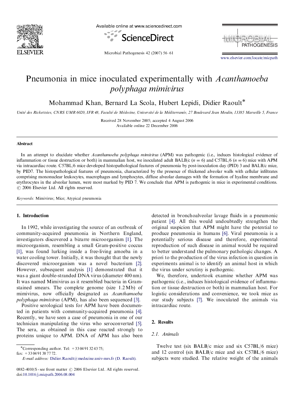 Pneumonia in mice inoculated experimentally with Acanthamoeba polyphaga mimivirus