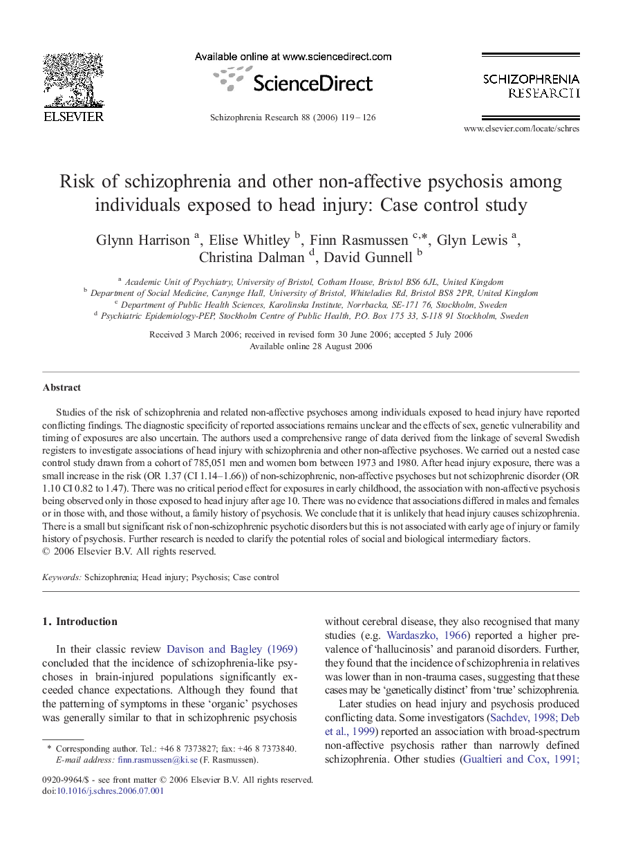 Risk of schizophrenia and other non-affective psychosis among individuals exposed to head injury: Case control study