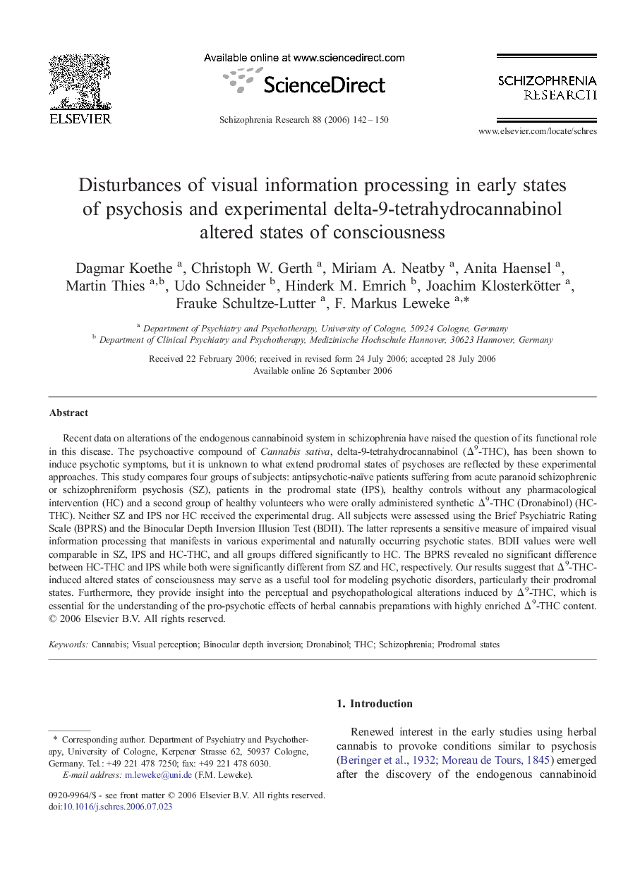 Disturbances of visual information processing in early states of psychosis and experimental delta-9-tetrahydrocannabinol altered states of consciousness