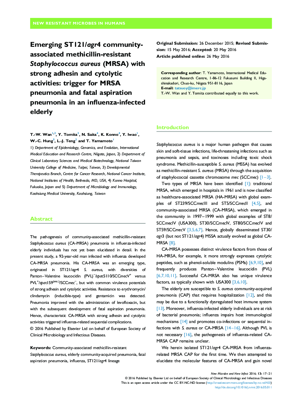 Emerging ST121/agr4 community-associated methicillin-resistant Staphylococcus aureus (MRSA) with strong adhesin and cytolytic activities: trigger for MRSA pneumonia and fatal aspiration pneumonia in an influenza-infected elderly