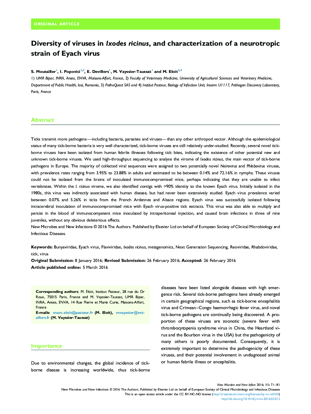 Diversity of viruses in Ixodes ricinus, and characterization of a neurotropic strain of Eyach virus