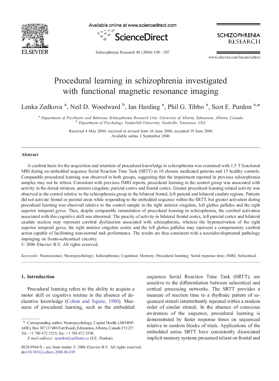 Procedural learning in schizophrenia investigated with functional magnetic resonance imaging