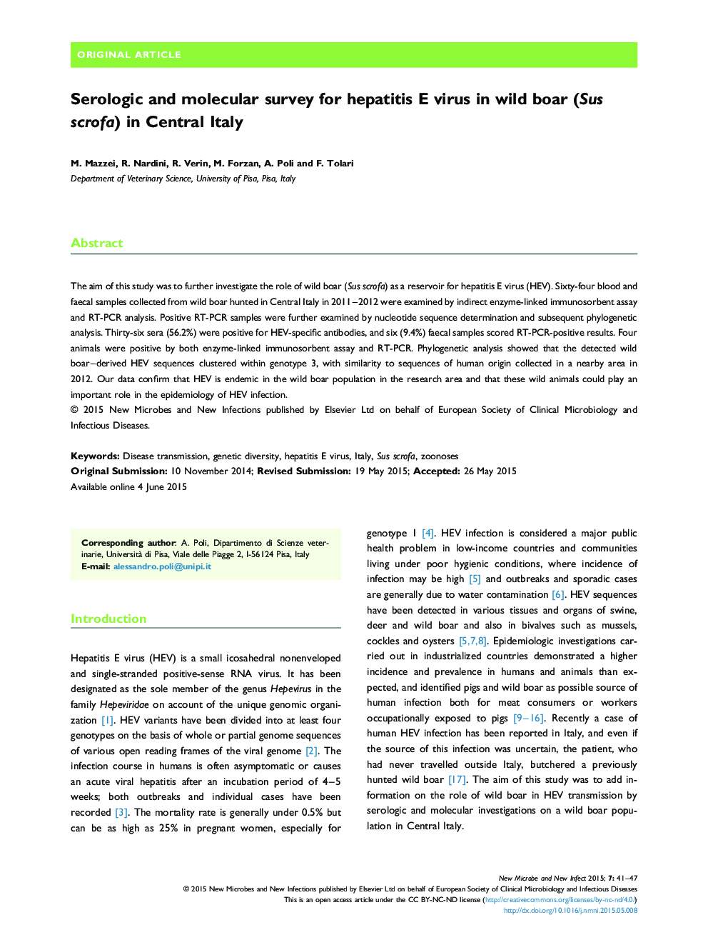 عکس صفحه اول مقاله: Serologic and molecular survey for hepatitis E virus in wild boar (Sus scrofa) in Central Italy Serologic and molecular survey for hepatitis E virus in wild boar (Sus scrofa) in Central Italy