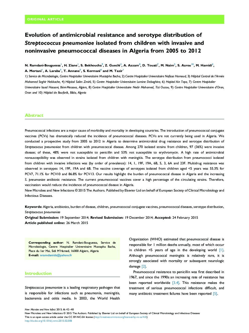 تکامل مقاومت ضد میکروبی و توزیع سروتیپ استرپتوکوک پنومونیه جدا شده از کودکان مبتلا به بیماری های پنوموکوک غیر مهاجم و غیر تهاجمی در الجزایر از سال های 2005 تا 2012 