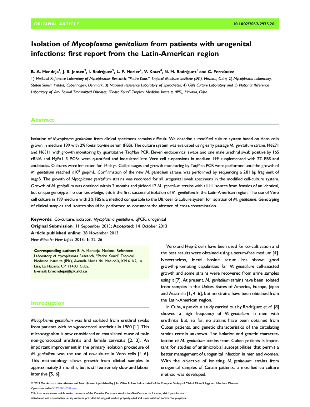 Isolation of Mycoplasma genitalium from patients with urogenital infections: first report from the Latin-American region 