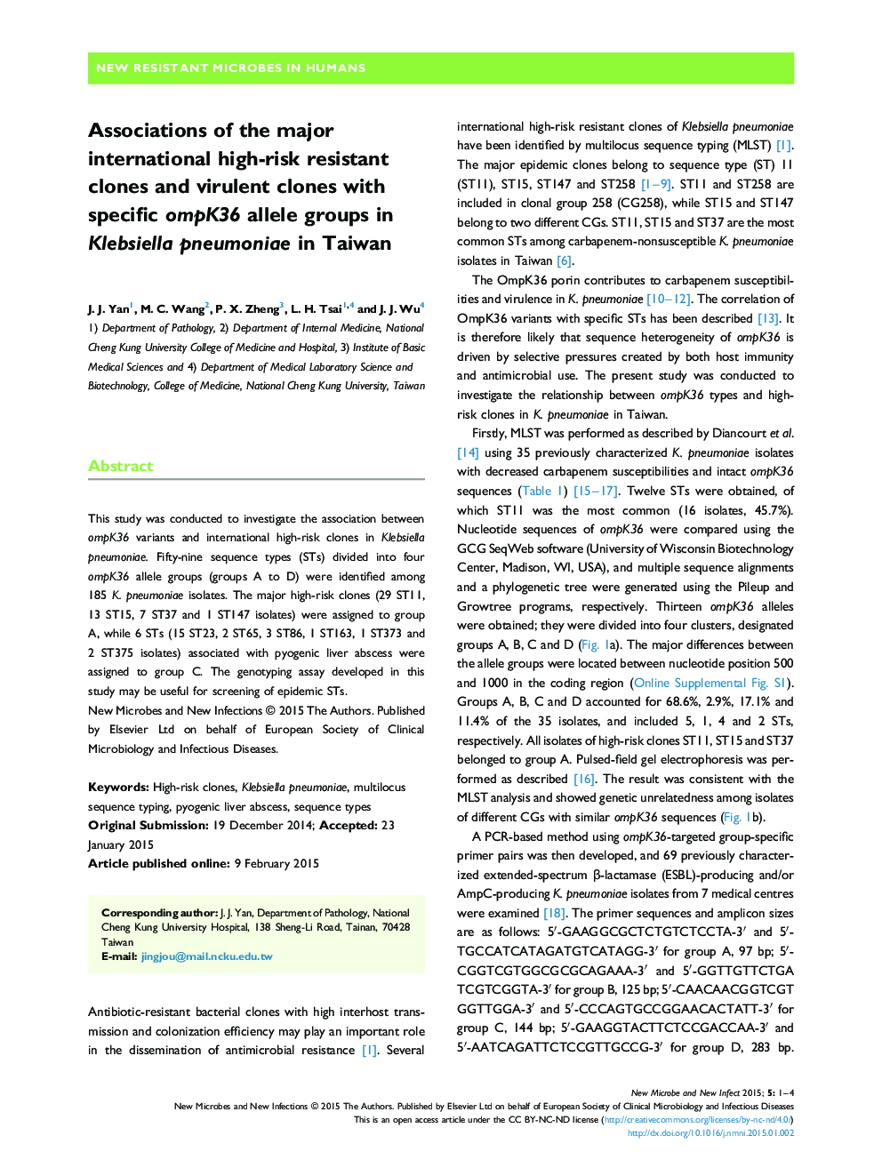 Associations of the major international high-risk resistant clones and virulent clones with specific ompK36 allele groups in Klebsiella pneumoniae in Taiwan