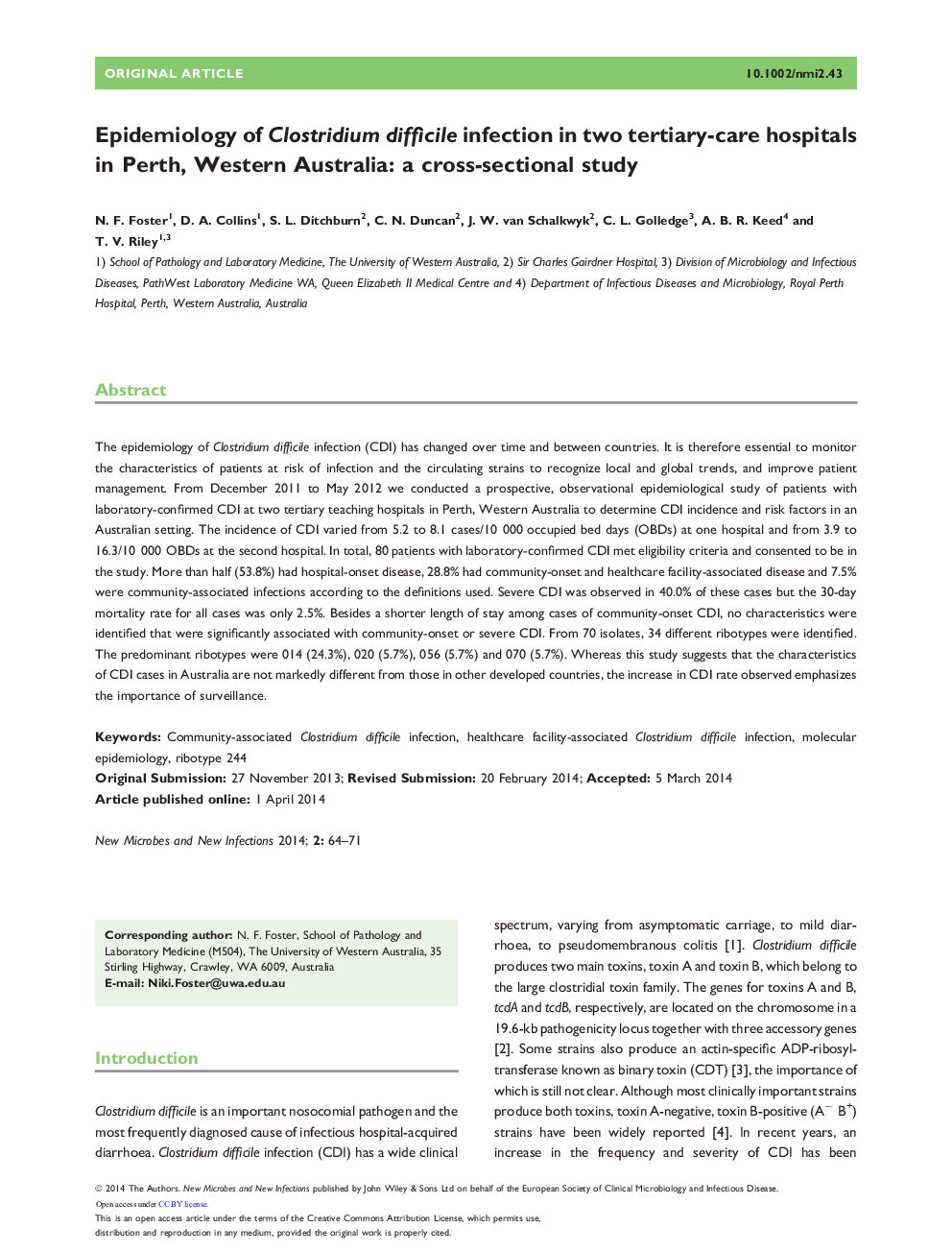 اپیدمیولوژی عفونت کلستریدیوم دیفیسیل در بیمارستان های پرستاری استرالیا در دو بیمارستان عالی رتبه سوم: یک مطالعه مقطعی 