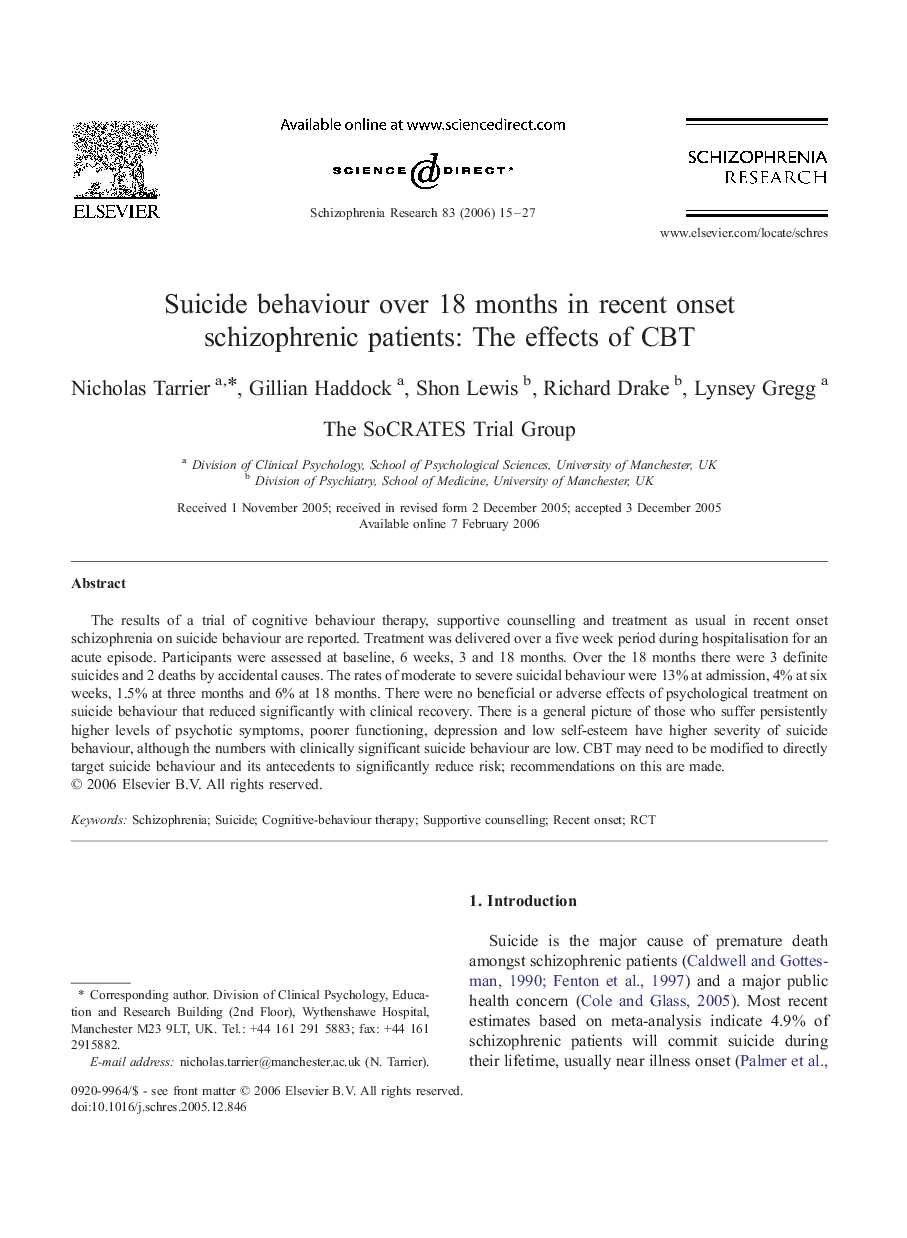 Suicide behaviour over 18 months in recent onset schizophrenic patients: The effects of CBT