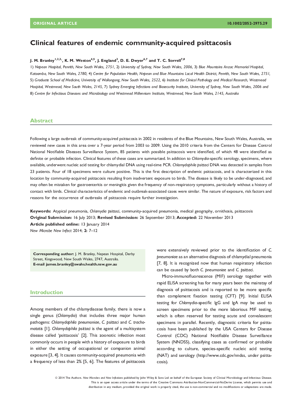 Clinical features of endemic community-acquired psittacosis 