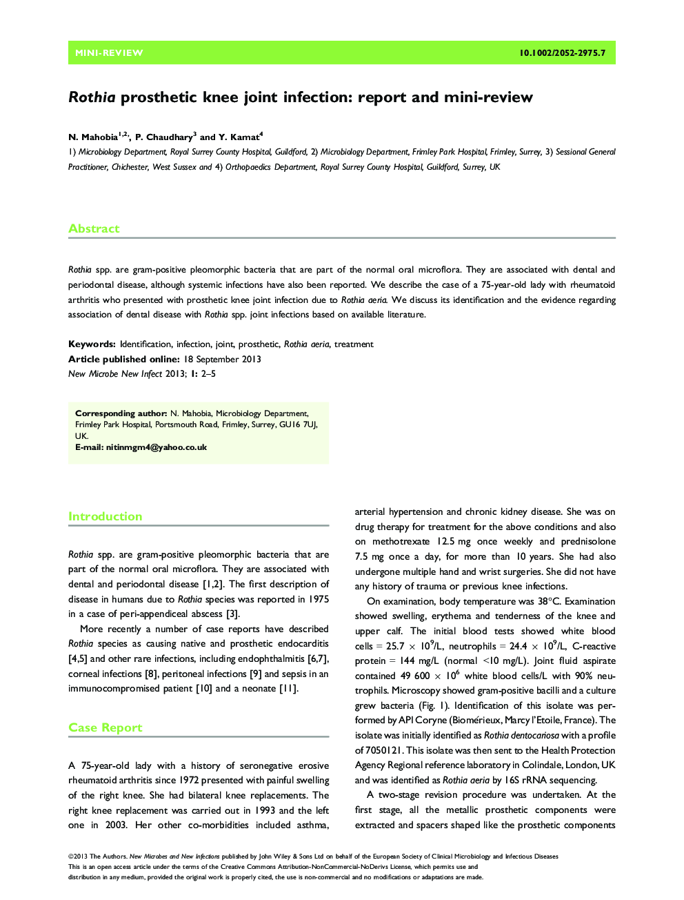 Rothia prosthetic knee joint infection: report and mini-review 