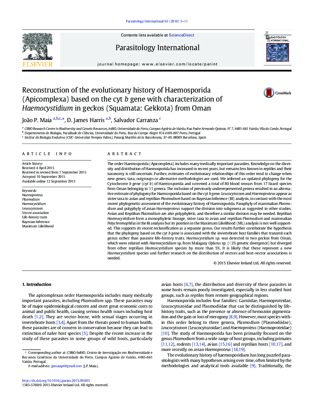 Reconstruction of the evolutionary history of Haemosporida (Apicomplexa) based on the cyt b gene with characterization of Haemocystidium in geckos (Squamata: Gekkota) from Oman