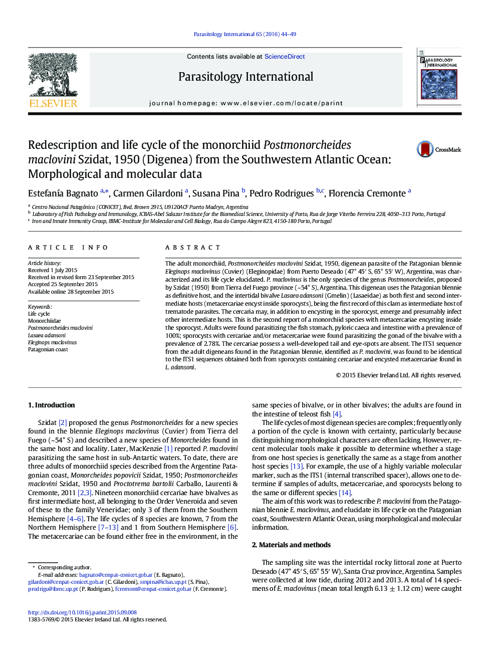 Redescription and life cycle of the monorchiid Postmonorcheides maclovini Szidat, 1950 (Digenea) from the Southwestern Atlantic Ocean: Morphological and molecular data