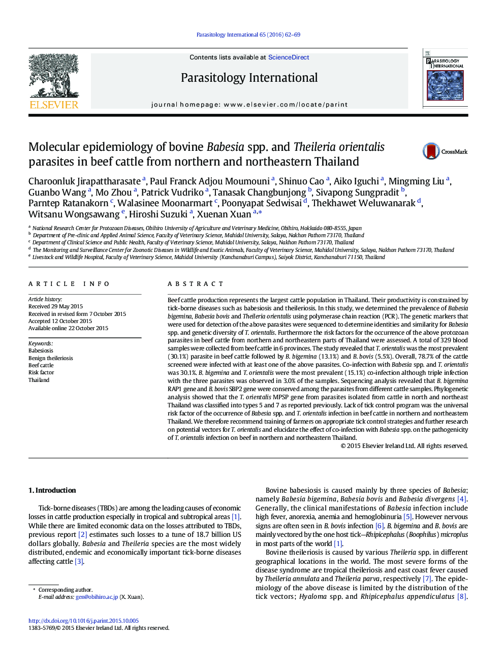 Molecular epidemiology of bovine Babesia spp. and Theileria orientalis parasites in beef cattle from northern and northeastern Thailand