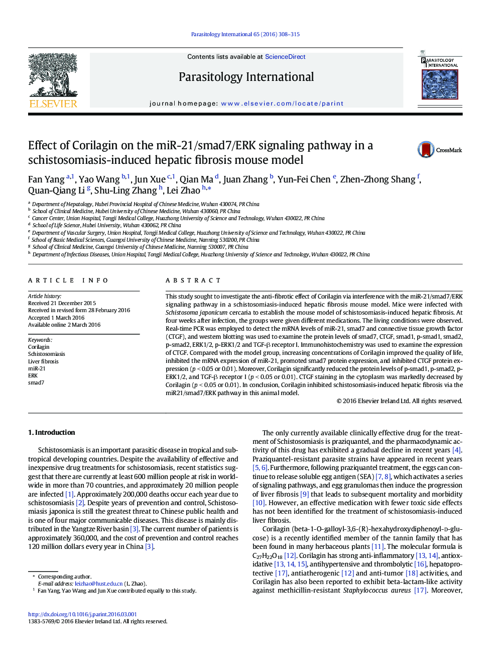 Effect of Corilagin on the miR-21/smad7/ERK signaling pathway in a schistosomiasis-induced hepatic fibrosis mouse model