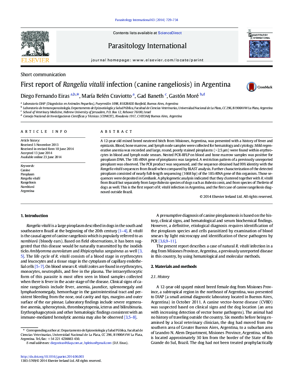 First report of Rangelia vitalii infection (canine rangeliosis) in Argentina