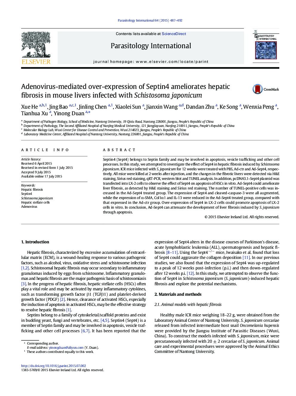 Adenovirus-mediated over-expression of Septin4 ameliorates hepatic fibrosis in mouse livers infected with Schistosoma japonicum