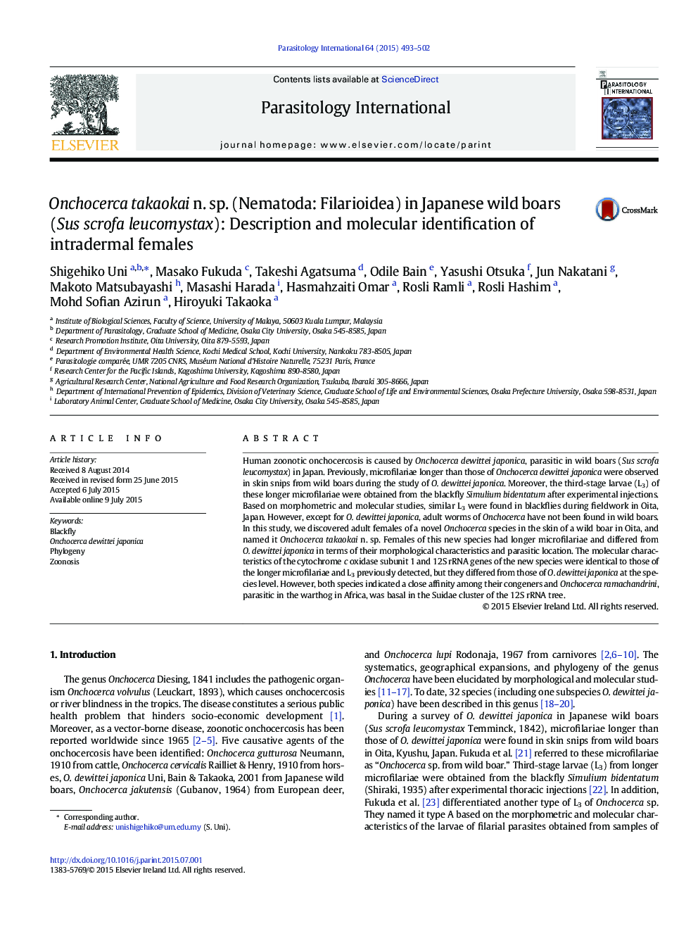 Onchocerca takaokai n. sp. (Nematoda: Filarioidea) in Japanese wild boars (Sus scrofa leucomystax): Description and molecular identification of intradermal females